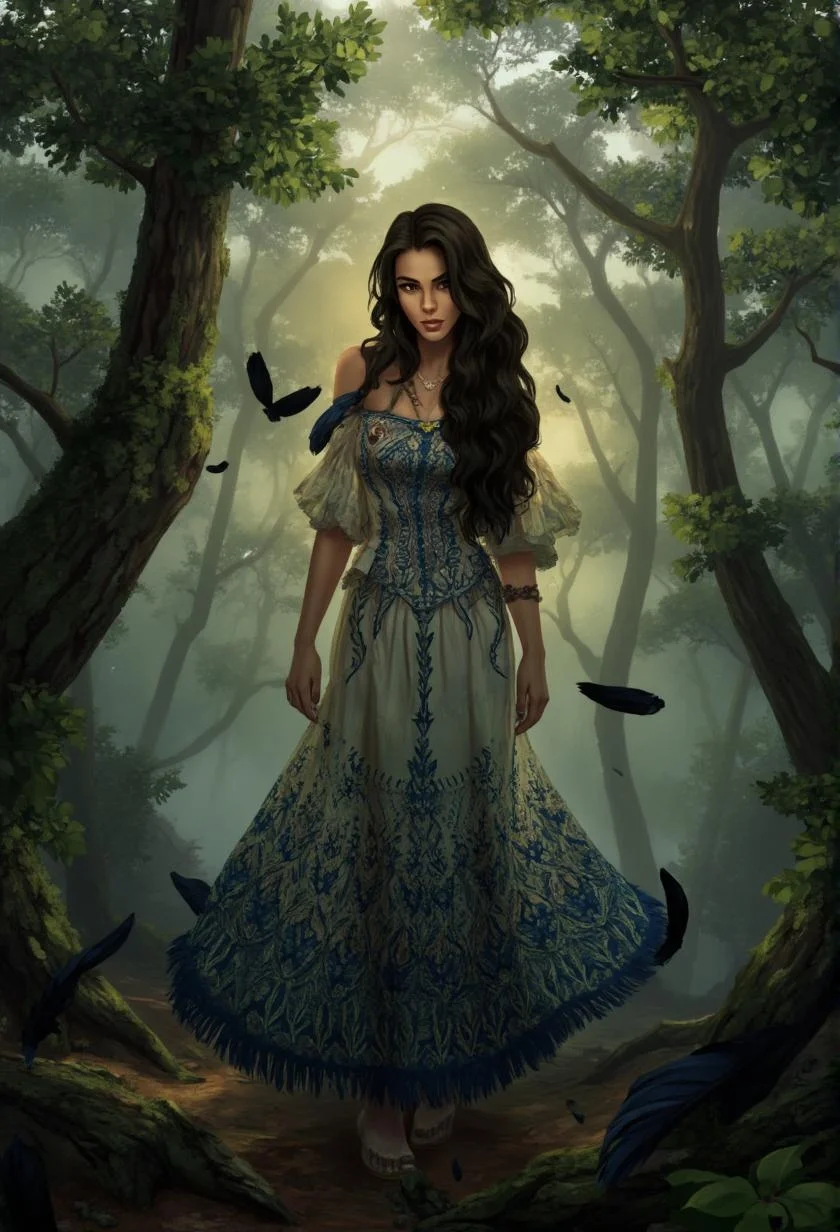 <lora:ck-LttleGhost-000011.safetensors:1> in the style of ck-lttlegh0st
In the heart of a dense, foggy forest, the air hums with the quiet whispers of ancient trees and the gentle rustle of leaves. A woman, perhaps in her late twenties, with olive skin and dark, wavy hair that cascades down her back, stands in the center of a clearing. She wears an enchanting folk-inspired lace dress, its intricate geometric patterns woven in rich blue and earthy tones. The dress, made from a lightweight, breathable fabric, falls gracefully to the ground, its hem gently swaying with the light breeze that stirs the forest.
Accented with black feathers, the dress exudes a unique, bohemian charm, enhancing the woman's serene expression. Her eyes, a deep brown, reflect the calm and tranquility of the moment, a stark contrast to the shadows that once lingered within her. The fog around her seems to part slightly, allowing a soft, golden light to filter through the canopy, casting a warm glow upon her.
Her presence in this mystical setting is both ethereal and powerful. The forest, with its whispering trees and gentle mist, mirrors her internal transformation. The dark, oppressive feelings that once weighed heavily on her soul are slowly lifting, replaced by a sense of purpose and hope. As she stands there, the world around her seems to acknowledge her renewed spirit, as if the very earth and sky are conspiring to lift her spirits and guide her on her journey toward healing.