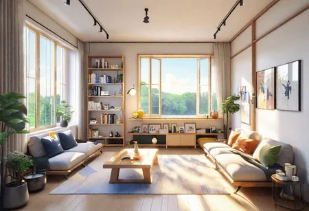 anime-style, modern-style interior, with white walls and large windows, Nordic-style furniture, a  study, Sofa, coffee table, bookcase, single wall, 
warm light morning sun, the view of the city