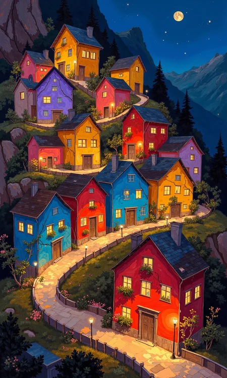 A vibrant, detailed artwork depicts a quaint, hilly village at night.
Colorful buildings, various shades of reds, oranges, yellows, blues, and purples, line the slopes. Each building has distinct architectural details, including varying roof styles, numerous windows, and detailed doorways, creating the impression of individuality.
Many windows are lit, casting warm, inviting glows that contrast with the dark, slightly shadowy landscape surrounding the homes. Small, decorative lamp posts are featured on some of the streets, adding to the ambiance of the scene.
The backdrop suggests a rugged, mountainous terrain, rendered in dark gray and brown tones. The darkness creates a strong contrast with the brightly lit buildings, drawing the viewer's eye to the village's charm. A sprinkling of what appears to be light, glittery particles or glow points are dispersed throughout the scene, suggesting a night-time atmosphere. Small, dark, stylized trees are interspersed within the scene as well.
<lora:FLUX-daubrez-DB4RZ-v2:1> DB4RZ, DB4RZ style painting