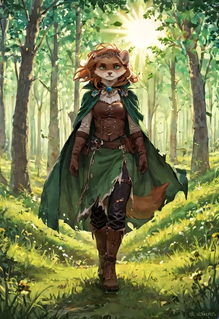 score_9, score_8_up, score_7_up, score_6_up, solo, stoat, beige fur, freckles, fantasy clothes, green clothes, blond hair, green cape, female, forest background, lush field background, field, sun, weasel, green eyes, fullbody, bright hair, leather gloves, leather boots, torn black pants, green half-skirt, olive branch tiara, sun brooch