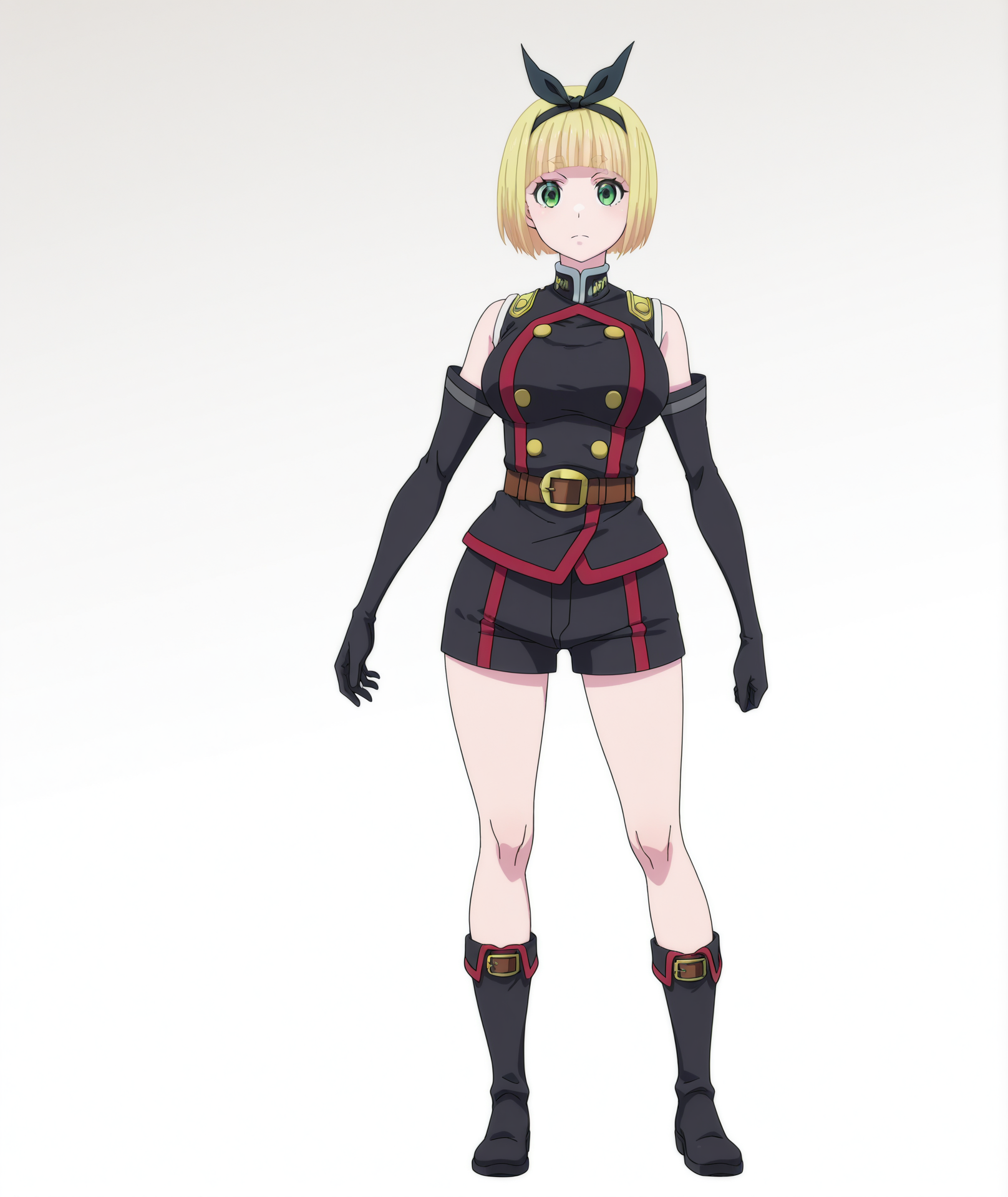 official art, absurdres, highres, anime coloring, hi res, best quality, masterpiece, 2d, intricate details, 4k,
1girl, solo, long hair, short hair, bangs, blunt bangs, blonde hair, green eyes, hairband, black hairband,
breasts, medium breasts, double-breasted, gloves, shorts, sleeveless, black gloves, elbow gloves, belt, black shorts, buttons, boots, black footwear,
looking at viewer, full body,
depth of field, white background, gradient background, mato seihei no slave, shushu suruga, <lora:Shushu_Suruga_ILXL:1>,