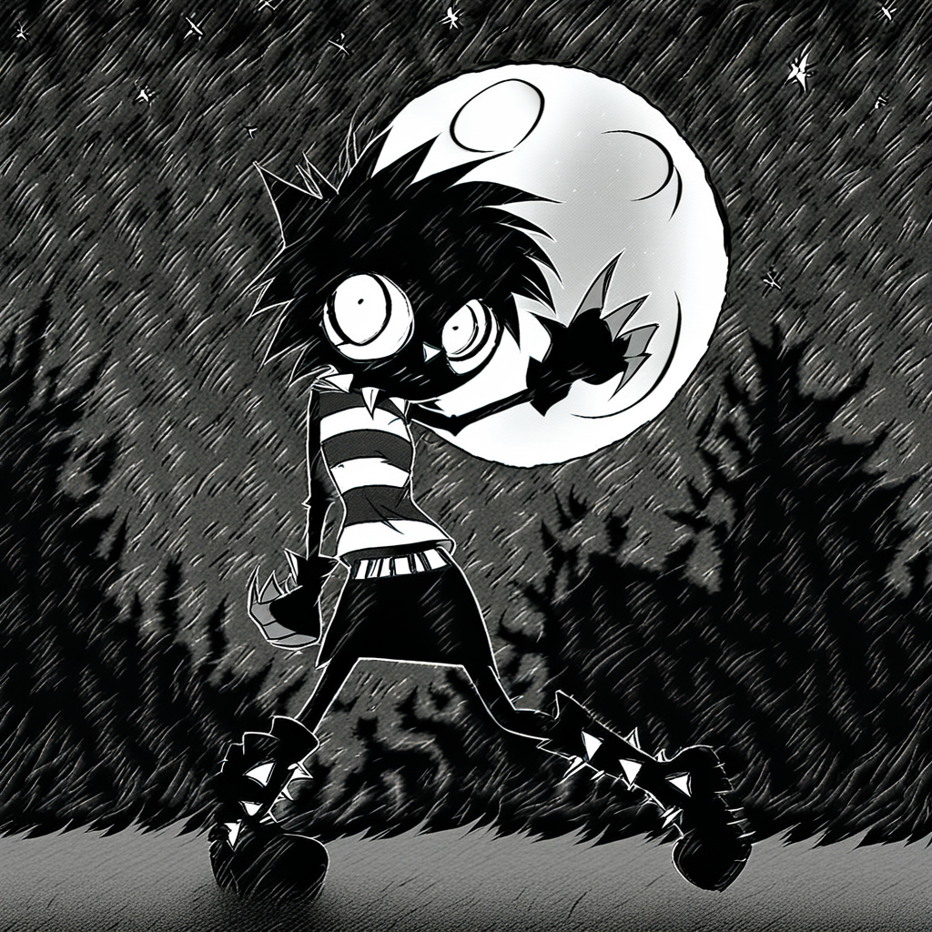 1girl, Nia, solo, monochrome, in the woods, frightened, fear, looks at the viewer, Striped shirt, black and white shirt, white belt, combat boots, black skirt, spiked choker, black gloves, fingerless gloves, thin lips, night, moon