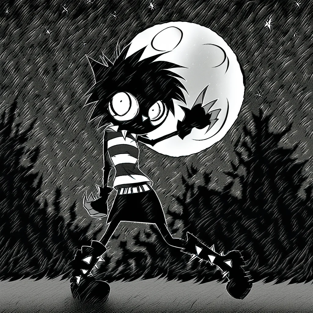1girl, Nia, solo, monochrome, in the woods, frightened, fear, looks at the viewer, Striped shirt, black and white shirt, white belt, combat boots, black skirt, spiked choker, black gloves, fingerless gloves, thin lips, night, moon