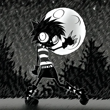 1girl, Nia, solo, monochrome, in the woods, frightened, fear, looks at the viewer, Striped shirt, black and white shirt, white belt, combat boots, black skirt, spiked choker, black gloves, fingerless gloves, thin lips, night, moon
