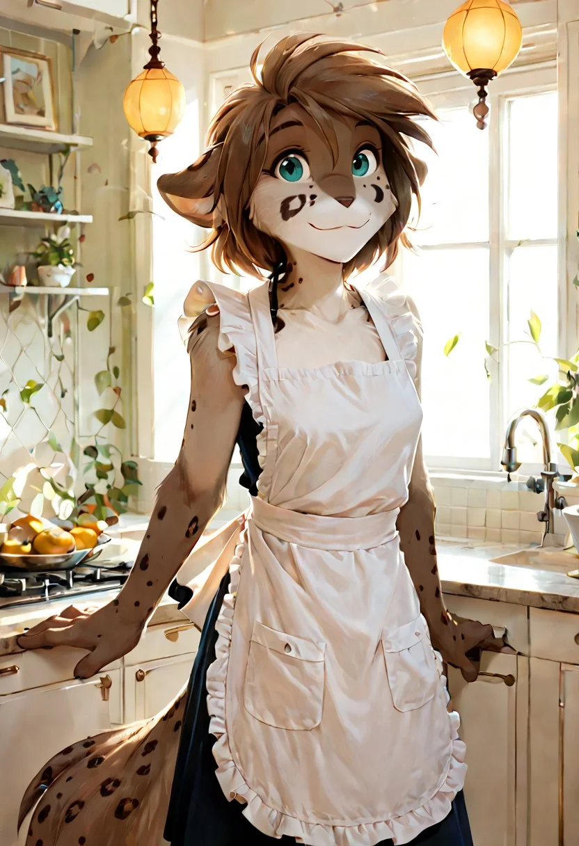 score_9, score_8_up, score_7_up, tkkathrin, keidran, mammal, spotted fur, teal eyes, anthro, standing, from front, indoors, apron, soft smile, romantic lighting