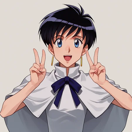 score_8_up, BREAK, MerylStryfe, 1girl, solo, black hair, short hair, blue eyes, earrings, white capelet, ribbon, white dress, <lora:MerylStryfe_PXL_Leaf1:1>, double v,