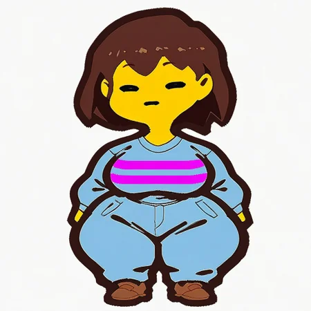 Score_9, score_8_up, score_7_up, digital art, cartoonish, FriskUndertale, 1girl, big breasts, thin waist, Thunder thighs, huge thighs, big ass, gigantic thighs, hyper thighs, wide hips, shortstack, 2d, digital art, cartoonish, cartoon, flat colors, no shading, yellow skinned, colored skin, human, long-sleeves shirt, light blue shirt, magenta stripes on shirt, light blue pants, brown shoes, medium hair, brown hair, short bangs, choppy bangs, Blank expression, closed eyes, closed mouth, front view, facing forward, looking at viewer, straight-on, standing, standing pose, white background