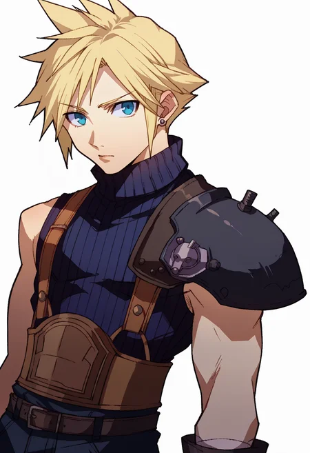 score_9, score_8_up, score_7_up, source_anime, BREAK, solo, 1boy, looking at viewer, <lora:P3-Portraits-pdxl_Fp:1>, simple background, <lora:cloudstrife-pdxl-nvwls-v1:1>, defCloud, blonde hair, single earring, suspenders, shoulder armor, sleeveless turtleneck, belt, baggy pants, blue pants, gloves,