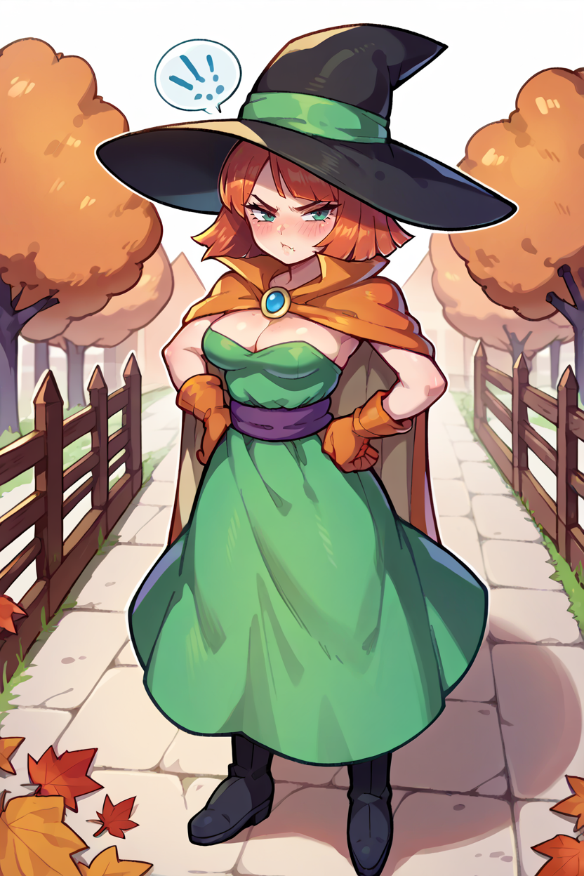 score_9, score_8_up, score_7_up, score_6_up, source_anime, BREAK 1girl, solo, <lora:dq3mage-pdxl-nvwls-v1-000005:1> dq3mage, orange hair, short hair, witch hat, orange cape, green dress, strapless, sash, orange gloves, black boots, cleavage, medium breasts, hands on hips, pout, annoyed, blush, looking at you, village, autumn, rural