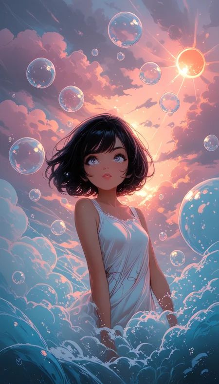 Stable_Yogis_PDXL_Positives, zPDXL3, Expressiveh, Shinkaistyle, score_9, score_8_up, score_7_up, masterpiece, midjourneyv6.1, perfect eyes, tall, slender body, tight body, slim body, fit body, high reflexion in water, vivid colors, vibrant colors, decarloxl, retro colors, 60s, (deep blue eyes:1.5), (1girl:1.9), almond eyes, big eyes, very high color contrast, multicolor clouds, soap bubble, multicolor soap bubble, 1girl, solo, breasts, looking at viewer, blush, short hair, bangs, blue eyes, shirt, black hair, red eyes, dress, bare shoulders, medium breasts, closed mouth, standing, purple eyes, collarbone, white shirt, upper body, small breasts, outdoors, parted lips, sky, sleeveless, day, shiny, cloud, medium hair, pink eyes, water, white dress, shiny hair, blue sky, bare arms, floating hair, sleeveless dress, blue dress, swept bangs, frown, expressionless, sunlight, bob cut, cloudy sky, looking up, wind, scenery, lens flare, backlighting, bubble, light blush, sunset, water drop, multicolored eyes, arms at sides, sun, sundress, twilight, evening, gradient eyes, orange sky, pink sky, (panty bulge:0.9), nipple bulge, (parted lips:1.2), (plump lips:1.2), (glossy lips:1.15), sensual smile, (lineless:1.5),