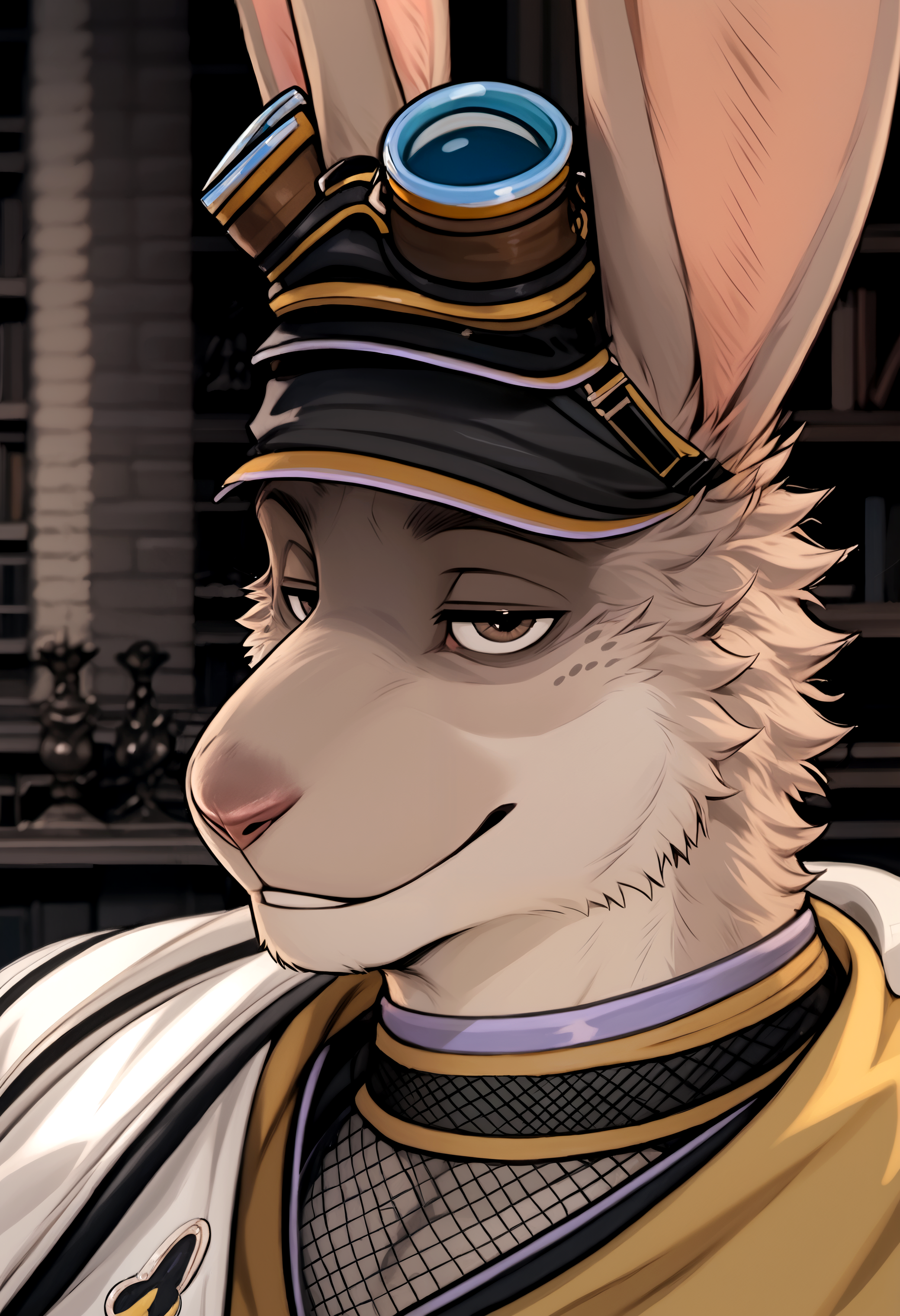 score_9, score_8_up, score_7_up, 8k, detailed design, detailed background, detailed characters, masterpiece, anthro only, furry only,  <lora:Baccarat-000003>, baccarat, rabbit boy, brown fur, furry male, shorts, shirt, brown eyes, toeless footwear, legwear, see through shirt, hat, cape, goggles, rabbit ears, fingerless gloves, 1boy, rabbit tail, upper body, close up, seductive smile,  bedroom, inside,
