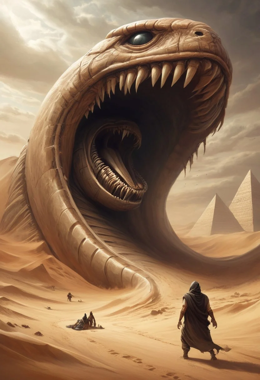 a sandworm, shai hulud breaking through the desert floor. the enormous giant beast upends a great pyramid and an ancient temple, throwing them into the air like toys