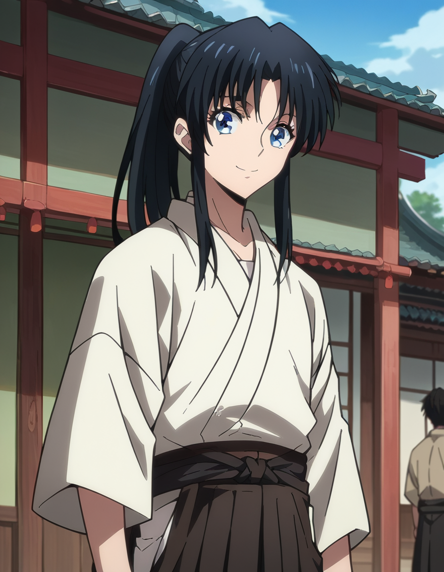 score_9, score_8_up, score_7_up, source_anime,
kaorukamiya, <lora:kaoru-kamiya-ponyxl-lora-nochekaiser:1>
kaoru kamiya, blue eyes, black hair,
skirt, japanese clothes, hakama, hakama skirt, ponytail,
outdoors, shrine, smile,
looking at viewer, dutch angle, cowboy shot