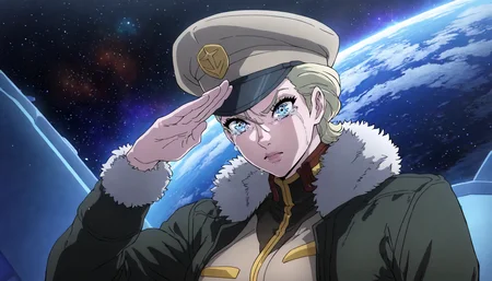 <lora:GTBClaudia:0.9>,
masterpiece,best quality,good quality,newest,
detailed background,space,earth,lens_flare,glitter,
crying_with_eyes_open,serious,
looking at another,
solo,
GTBClaudia,1girl,blonde hair,short hair,hair slicked back,blue eyes,lipstick,breasts,
military hat,
fur-trimmed jacket,open jacket,
standing,salute,