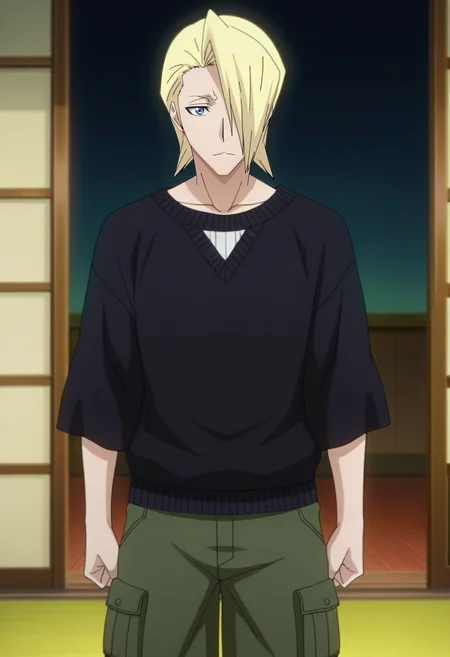 masterpiece, best quality, , anime screencap, anime coloring, official style, , 1boy, solo, male focus, <lora:izuru_kira_ilxl:0.96>, izuru_kira, blonde hair, blue eyes, short hair, hair over one eye, black kimono, , Cargo shorts, Lurex Color-block sweater, , , and