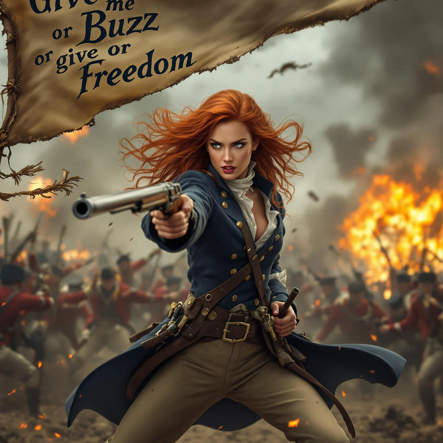 Create an ultra-realistic, dynamic action scene of a stunning red-haired woman with flowing, fiery locks, dressed in a historically accurate yet slightly stylized US colonial soldier uniform. Her attire includes a navy-blue coat with brass buttons, a white shirt, and beige trousers tucked into worn black boots. She exudes a commanding presence as she fiercely fights off a wave of redcoat soldiers, her expression a mix of determination and defiance.
In her hands, she firmly grips a musket pointed forward, the barrel adorned with a tattered flag tied to it. The flag flutters dramatically in the chaos of battle, boldly emblazoned with the words: 'Give me Buzz, or give me freedom' in bold, weathered lettering. Her stance is strong and unyielding, her body language radiating strength as she holds her ground against overwhelming odds.
The backdrop is a smoky, chaotic battlefield with distant explosions and soldiers clashing in the background. The lighting captures the raw intensity of the scene, casting dramatic shadows across her face and uniform. Smoke and embers drift through the air, giving the image a gritty and immersive texture, while her vivid red hair and the bold lettering on the flag stand out as focal points. Every detail, from the stitching on her uniform to the tension in her grip, should convey a sense of urgency and unrelenting resolve.
