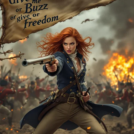 Create an ultra-realistic, dynamic action scene of a stunning red-haired woman with flowing, fiery locks, dressed in a historically accurate yet slightly stylized US colonial soldier uniform. Her attire includes a navy-blue coat with brass buttons, a white shirt, and beige trousers tucked into worn black boots. She exudes a commanding presence as she fiercely fights off a wave of redcoat soldiers, her expression a mix of determination and defiance.
In her hands, she firmly grips a musket pointed forward, the barrel adorned with a tattered flag tied to it. The flag flutters dramatically in the chaos of battle, boldly emblazoned with the words: 'Give me Buzz, or give me freedom' in bold, weathered lettering. Her stance is strong and unyielding, her body language radiating strength as she holds her ground against overwhelming odds.
The backdrop is a smoky, chaotic battlefield with distant explosions and soldiers clashing in the background. The lighting captures the raw intensity of the scene, casting dramatic shadows across her face and uniform. Smoke and embers drift through the air, giving the image a gritty and immersive texture, while her vivid red hair and the bold lettering on the flag stand out as focal points. Every detail, from the stitching on her uniform to the tension in her grip, should convey a sense of urgency and unrelenting resolve.