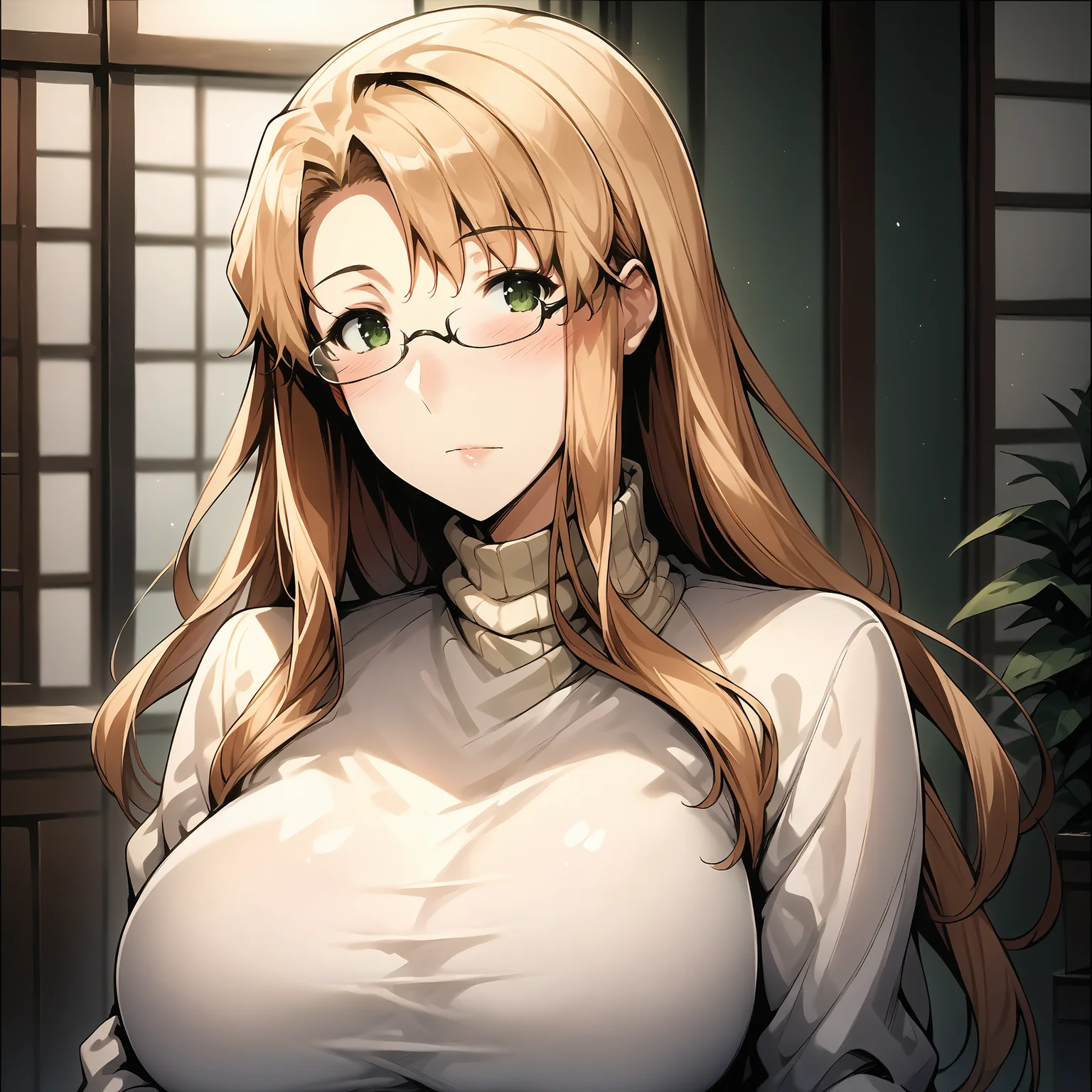 score_9, score_8_up, score_7_up, <lora:k0h4r0:1> k0h4r0,1girl,looking at viewer, blush, big breasts, turtleneck,glasses, green eyes