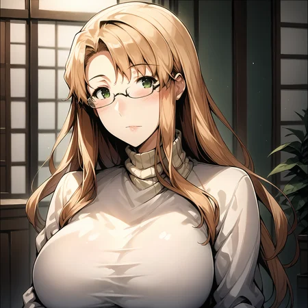 score_9, score_8_up, score_7_up,  <lora:k0h4r0:1> k0h4r0,1girl,looking at viewer, blush, big breasts, turtleneck,glasses, green eyes