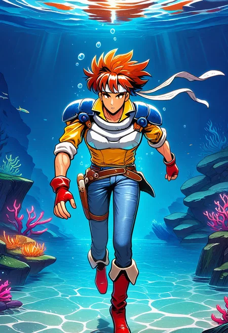 masterpiece, best quality, amazing quality, very aesthetic, absurdres, newest, 1boy, arthuffl3, toned male, brown-orange hair, long white headband, blue shoulder pads, white breastplate, yellow shirt, sleeves rolled up, blue jeans, belt with holster, red fingerless gloves, red boots, underwater, sea floor, bioluminescence, (inside bubble:1.2)