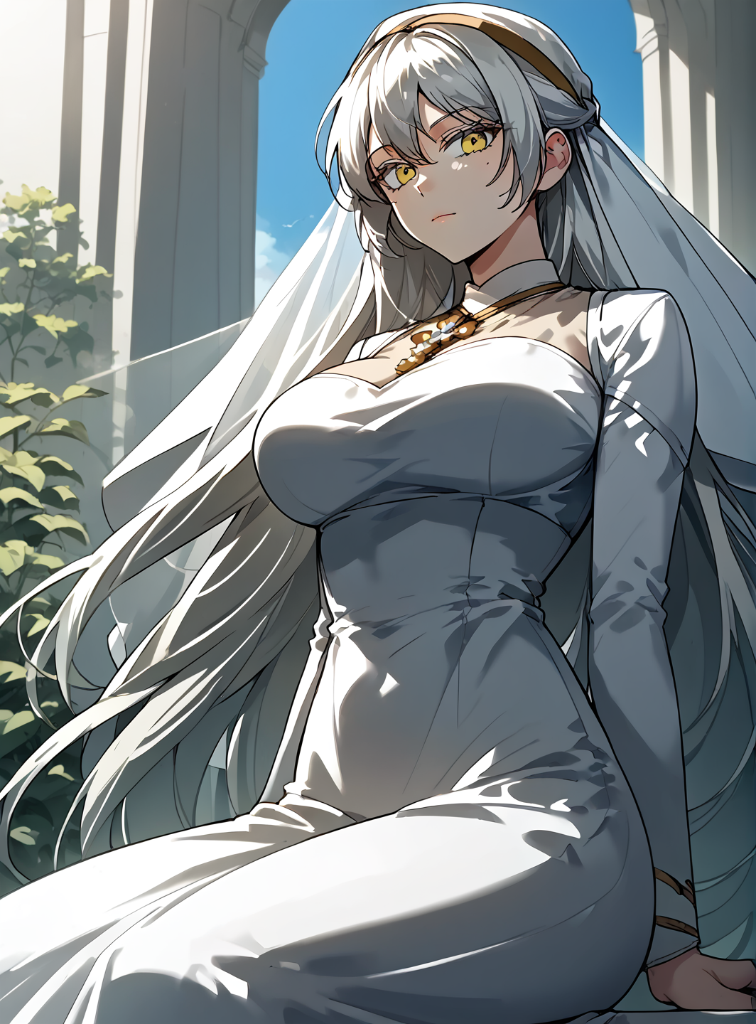 <lora:Saint_Riestar-000003:1>
1 girl, solo, white hair, long hair half up, yellow eyes, veil, white dress, long dress, <lora:!action-sdxl-V0.5:1>
zPDXL3, score_9_up, score_8_up, score_7_up, (Anime_source),Masterpiece,(perfect female body:1.2), small waist, (incredibly detailed:1.4), 1 girl, slim, beautiful fingers, beautiful white skin, Beautiful clear skin, (big breasts:1.4), ((looking at viewer)), big breasts, ass, perfect ass, sitting, from below, looking down,  <lora:light:1>