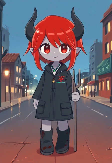 score_9, score_8_up, score_7_up, BREAK
highres, highly detailed, high resolution, high quality, 
source_anime, anime screencap, saturation, vivid colors, 
1girl, solo, luce, full body, standing, demon girl,
(dark red hair:1.2), (big dark red eyes:1.1), medium hair, cute, (grey skin:1.1), (horns:1.2), 
(long black raincoat:1.1), black rubber boots, 
pentagram necklace, holding one red trident, 
DSP, artist:DSP, mogeko,
pikaole,
stkyswt
blurry background, bokeh, city ruins background, street, dust, 
outlines,