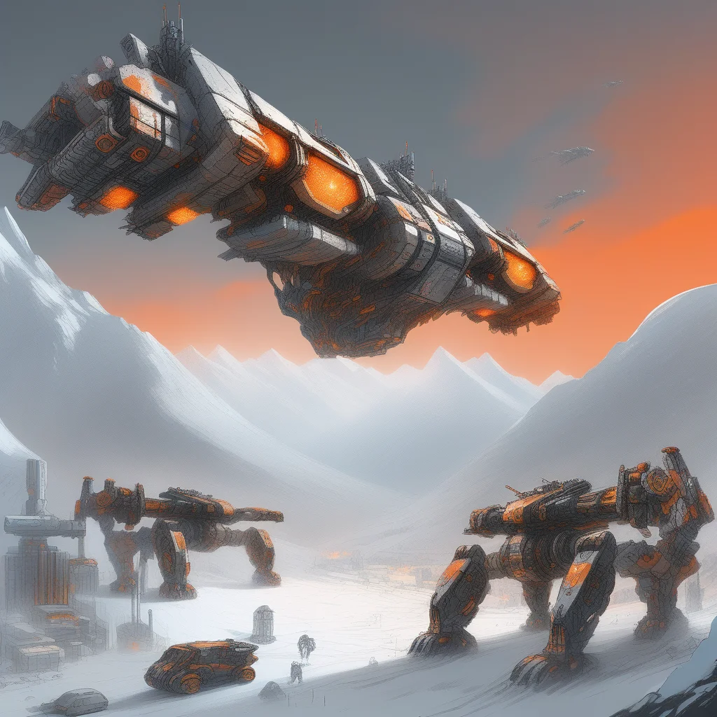 Futuristic digital artwork depicting two large, heavily armed, and intricately detailed robotic machines flying over a snowy mountainous landscape. The primary machine in the foreground is massive, with multiple glowing orange lights, various mechanical components, and weaponry, showcasing a complex and industrial design. The secondary machine in the background is smaller but similarly detailed, maintaining the same aesthetic. The overall color palette is dominated by metallic grays and whites, with the orange lights providing a stark contrast. The scene is set against a backdrop of snow-covered peaks under a cloudy sky, emphasizing the cold and harsh environment.