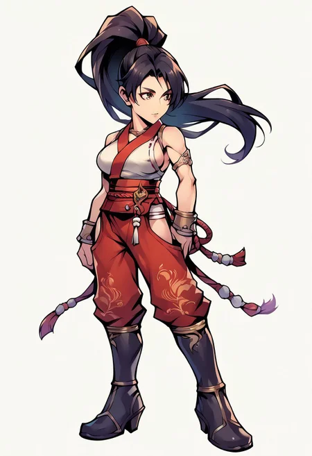 score_9,score_8_up,score_7_up,score_6_up, MikoXLP, black hair, brown eyes, ponytail, huge breasts, red japanese clothes, hip vent, sideboob, knee boots, pants, ninja, operaomniastyle, full body, white background. zPDXL3,