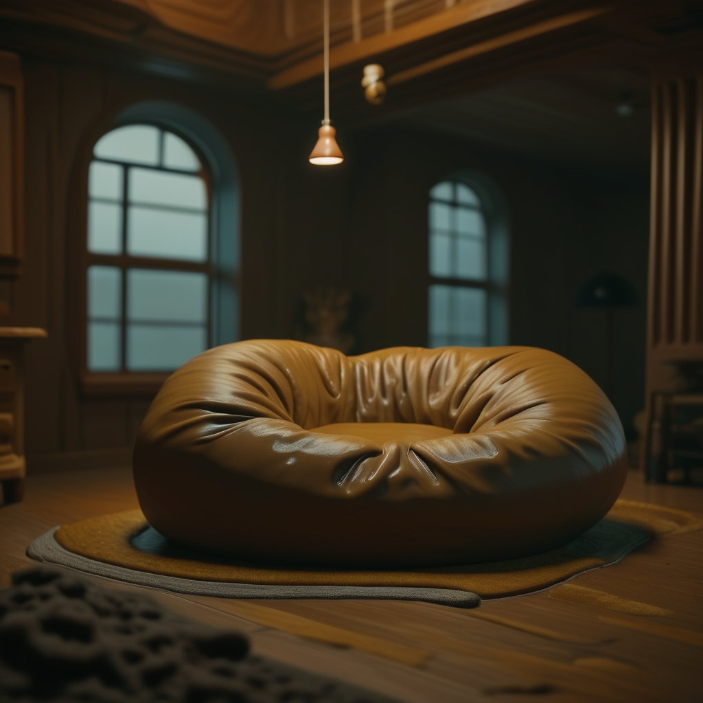<lora:Chocoslime_DX_V9_-_Pony_Realism_v2.2:1>, score_9, score_8, score_7, chocoslime, chocoslimebeanbag, chslbeanbag, bean bag chair in a living room, cozy, lamps, window, table, wooden carpet, 4K, UHD image, oustanding art, high quality, rich details, background blurred