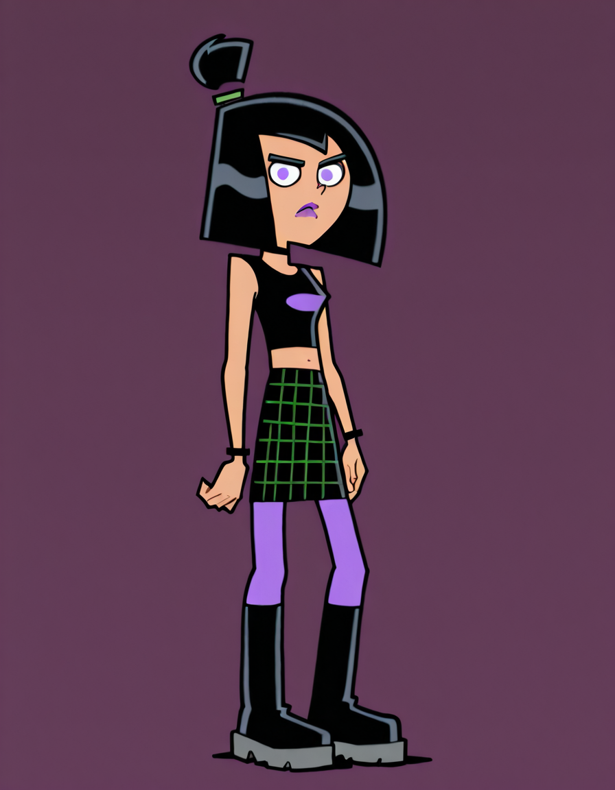 <lora:SamMasonIllustrious1.0JLFO:1> samm, black hair, 1girl, purple eyes, short hair, solo, crop top,  lipstick, midriff, purple lips, bob cut, plaid skirt, purple pantyhose, choker, bangs, looking at viewer, boots, full body,  masterpiece, best quality, amazing quality, very aesthetic, absurdres,simple background,