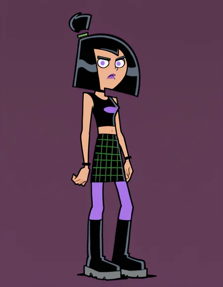 <lora:SamMasonIllustrious1.0JLFO:1> samm, black hair, 1girl, purple eyes, short hair, solo, crop top, lipstick, midriff, purple lips, bob cut, plaid skirt, purple pantyhose, choker, bangs, looking at viewer, boots, full body, masterpiece, best quality, amazing quality, very aesthetic, absurdres,simple background,