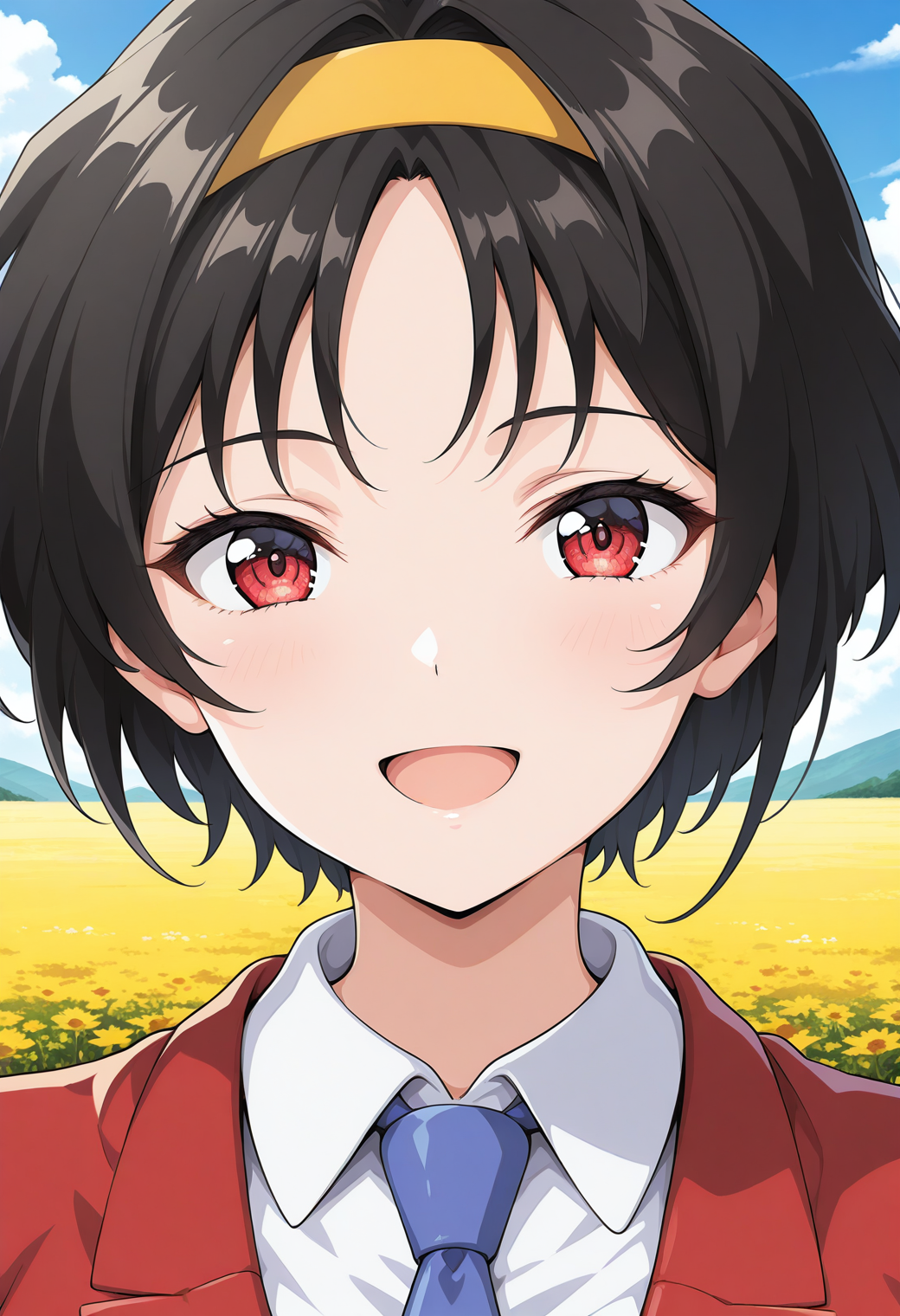 hayami_ryoko, red eyes, short hair, black hair, hairband, blue necktie, red blazer, school uniform, collared shirt, green skirt, <lora:fr_hayami_ryoko_illustrious_ver1:0.8> 
smile, open mouth,, masterpiece, best quality, general,, 1girl, solo, (field:1.2), (blue sky:1.2), looking at viewer,, (upper body:1.2), (close-up:1.2), (facing viewer:1.2), (open eyes:1.4), (portrait:1.2)