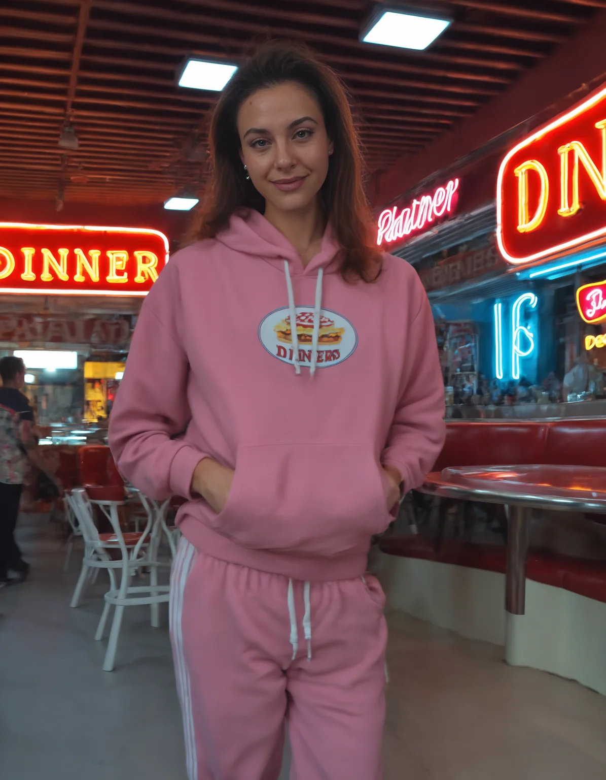 Stable_Yogis_PDXL_Positives2, <lora:Realism_Lora_By_Stable_Yogi_Pony_V1.:0.8> realism, realistic, real life, photorealistic, detailed,, ( vintage diner with neon lights :1.2) ( Sweatshirt and Sweatpants :1.2 ), ( vintage diner with neon lights :1.2) ( Sweatshirt and Sweatpants :1.2 )