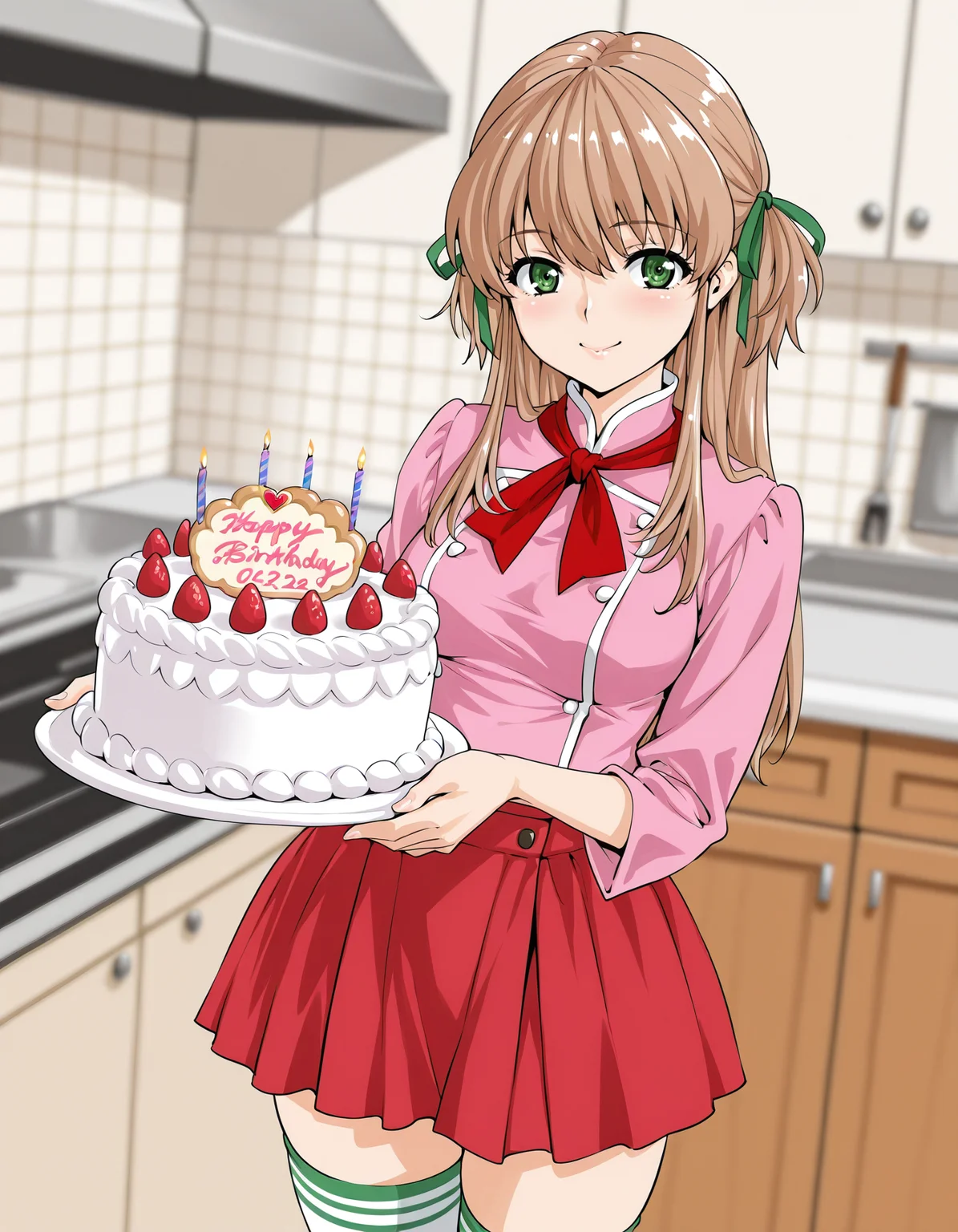 <lora:tsukino-yakitate-illustrious-000010:0.8> azusagawa tsukino, hair ribbon, (red neckwear:0.8), patissier, pink shirt, skirt, (red skirt:0.8), thighhighs, holding cake, birthday cake, smile, kitchen, depth of field