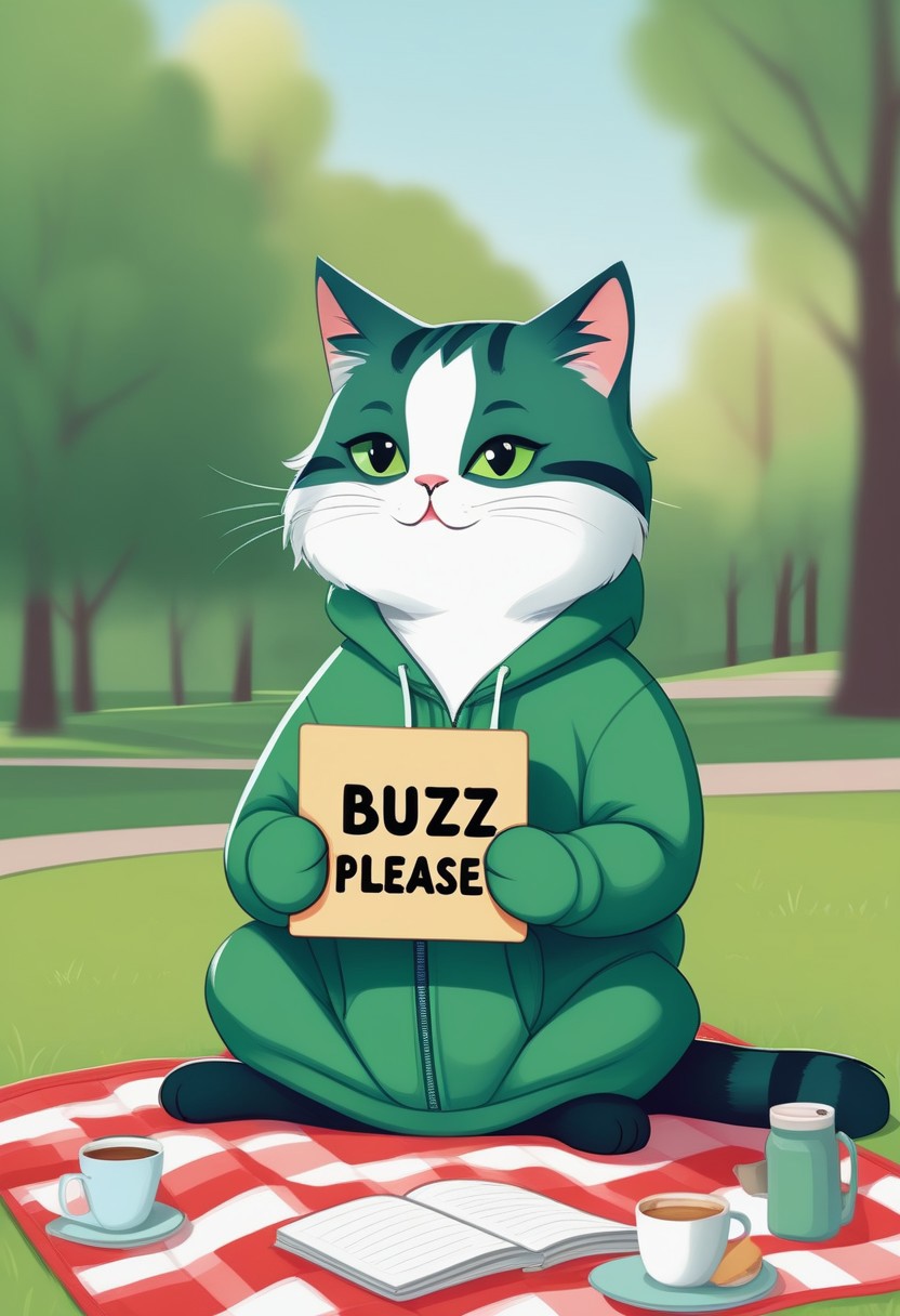 furry, cute cat, holding a sign with handwritten text "Buzz please", green hoodie, pants, in the park, day, sitting on a picnic rug, text