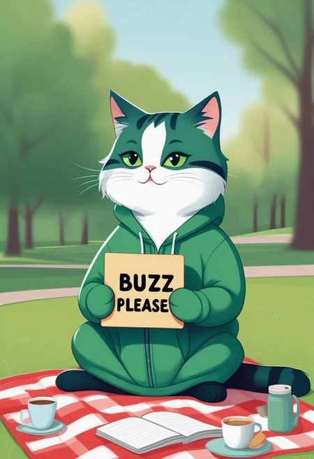 furry, cute cat, holding a sign with handwritten text "Buzz please", green hoodie, pants, in the park, day, sitting on a picnic rug, text