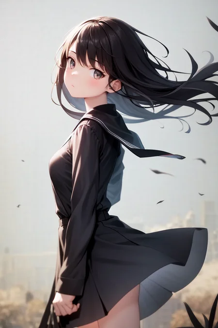 masterpiece, best quality, highres, 1girl, expressionless, wind blowing, standing, from side, looking at viewer, shaft head tilt <lora:shaft_head_tilt2:0.5>