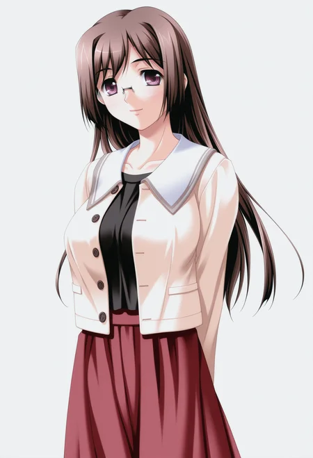 1girl,AmagiriHaruna,brown hair,purple eyes,large breasts,long skirt,jacket,glasses,long hair BREAK
white background,looking at viewer,light smile,arms behind back,
solo focus,white background,
<lora:WanaHakudaku:0.8>,