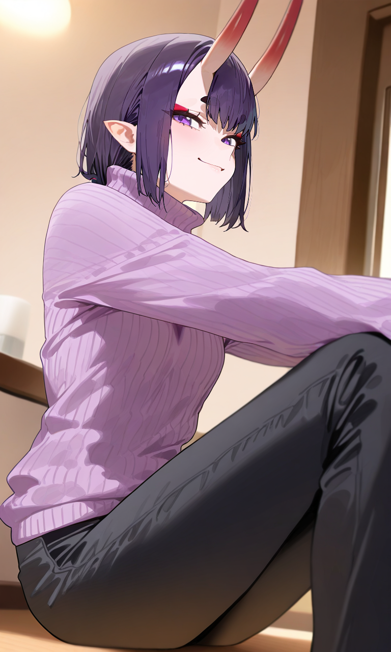 masterpiece, best quality, high resolution, absurdres, 1girl, Shuten_Douji_(Fate), purple_eyes, purple_hair, short_hair, small_breasts, skin-covered_horns, pointy_ears, looking_at_viewer, sweater, turtleneck_sweater, pants, sitting, indoors, smile