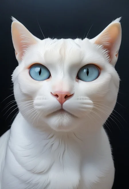 A very realistic extreme upper body photograph of a white cat with strikingly beautiful and unrealistically beautiful, fascinating golden eyes.