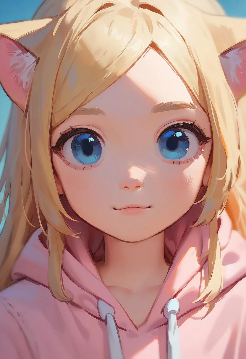 score_9, score_8_up, score_7_up, source_anime, hi res, masterpiece, best quality, highres, 1girl, cute girl, kawaii girl, long hair, blonde hair, blue eyes, close-up, pink hoodie, looking at viewer, cat girl