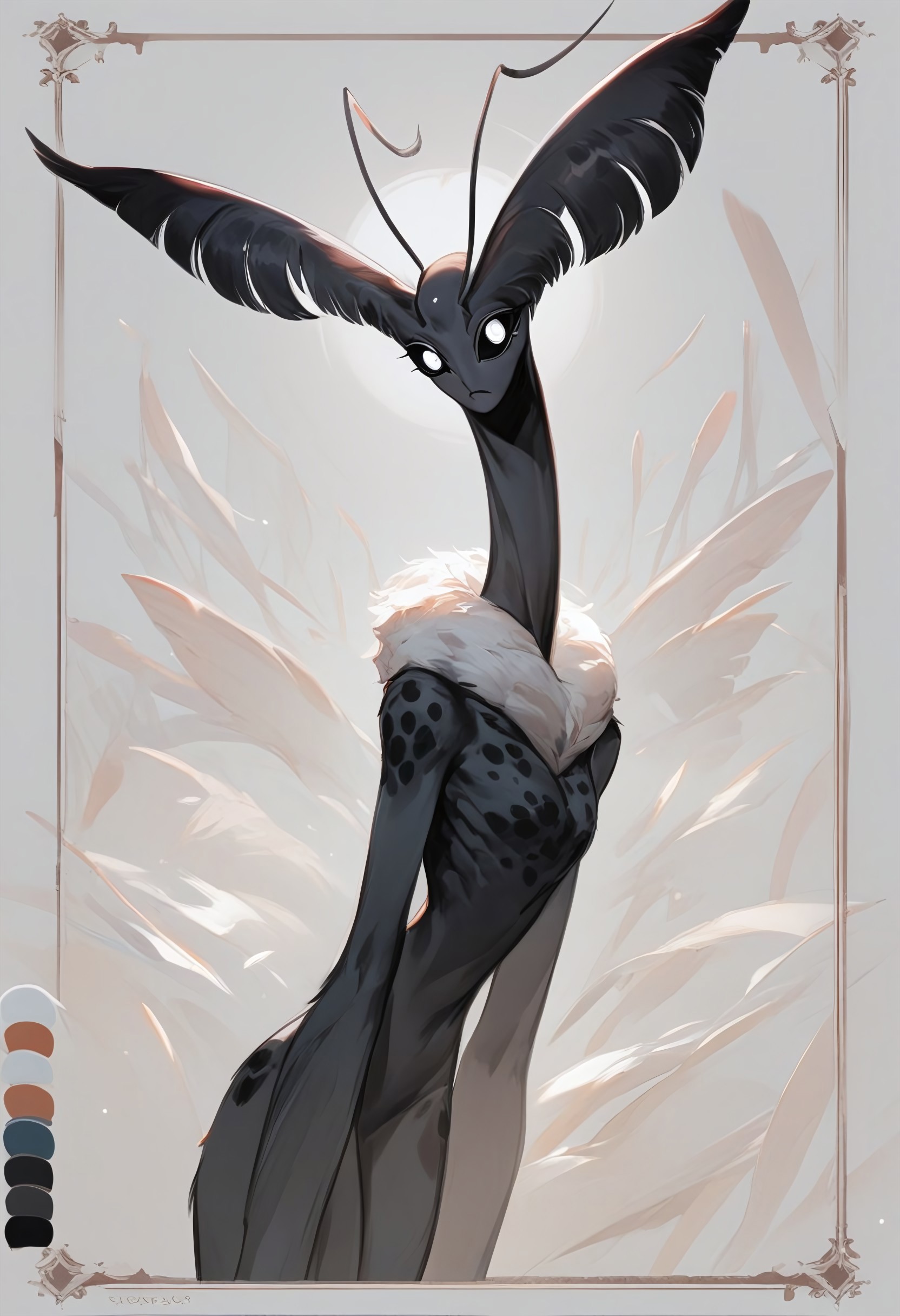 score_9, score_8_up, source_anime, concept art, ksf, a magnificent alien, a beautiful woman, large eyes, black sclera, white eyes, antennae like a moth, completely covered with fur, different parts of the body glow with spots on black skin, several thin long ears, a long curved neck, very thin, legs sharp prostheses
Show less