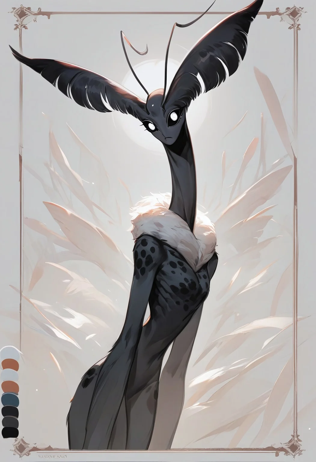 score_9, score_8_up, source_anime, concept art, ksf, a magnificent alien, a beautiful woman, large eyes, black sclera, white eyes, antennae like a moth, completely covered with fur, different parts of the body glow with spots on black skin, several thin long ears, a long curved neck, very thin, legs sharp prostheses
Show less
