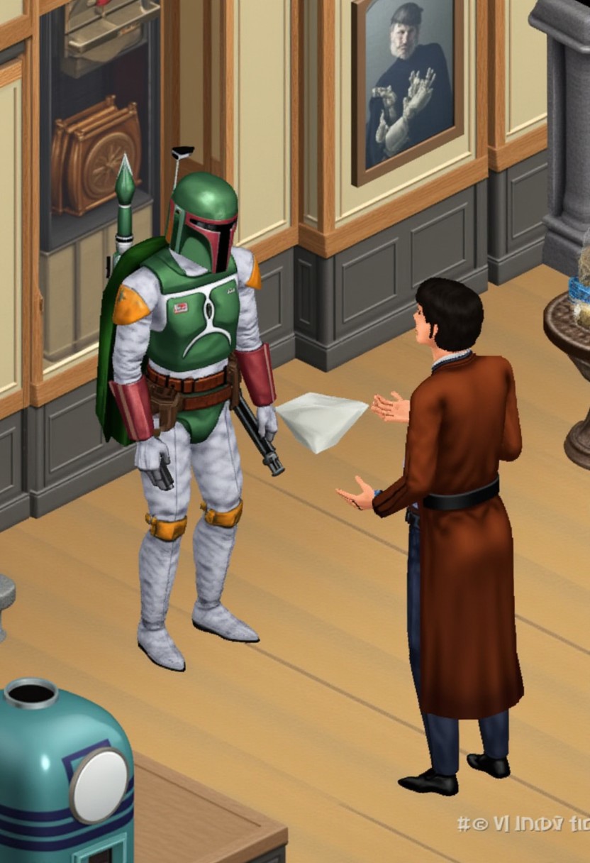 simsstyle, Boba Fett talking to Luke Skywalker. Isometric view, low poly.