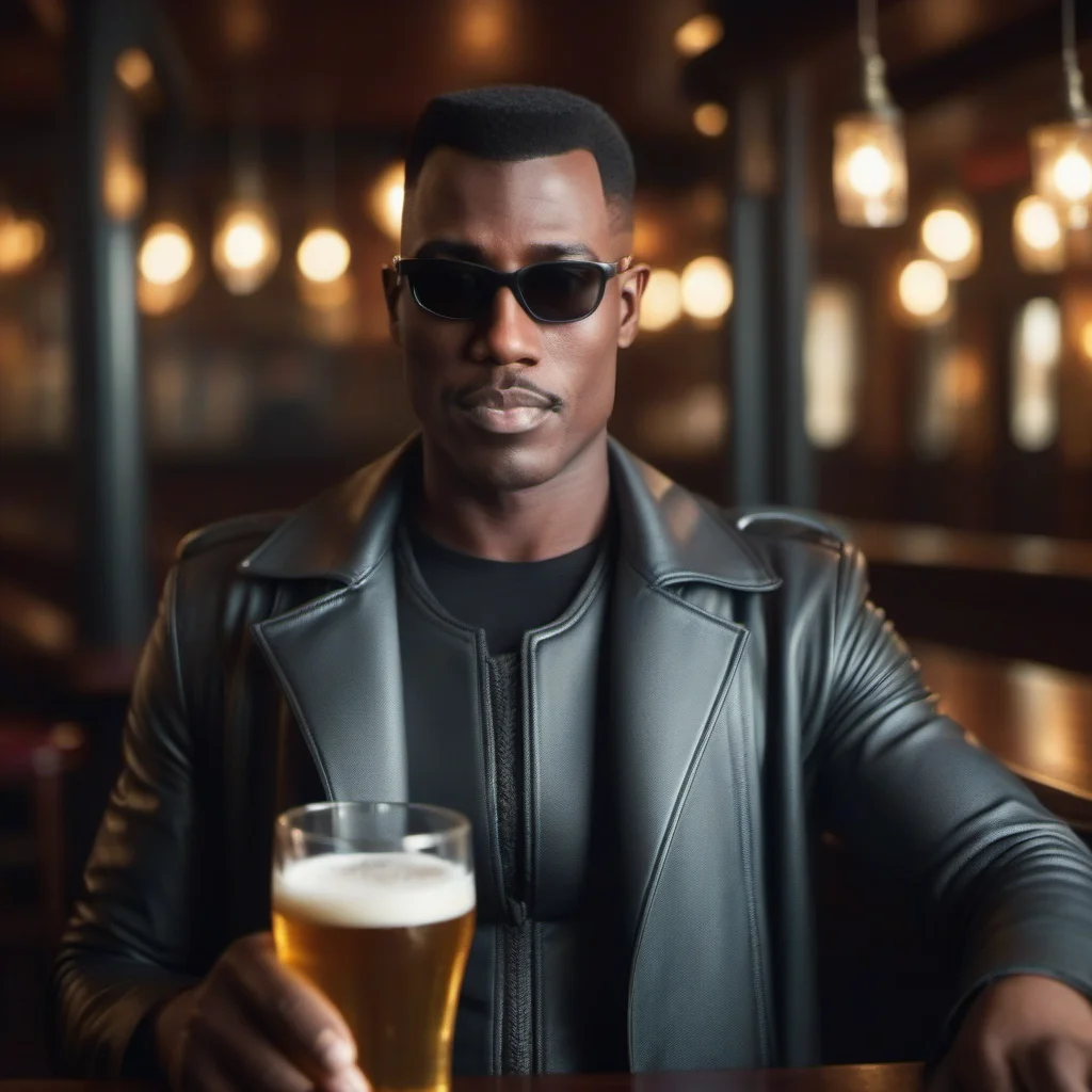 cinematic photo a closeup portrait of a man with sunglasses have a beer in a pub <lora:Blade1024:0.8> . 35mm photograph, film, bokeh, professional, 4k, highly detailed