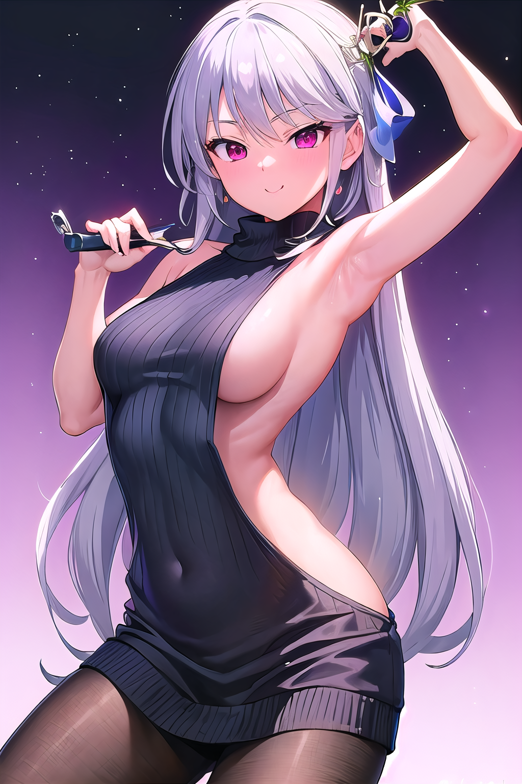 masterpiece, best quality, ultra-high-detailed, virgin killer sweater, backless outfit,  kazami kazuki, silver hair, long hair, purple eyes