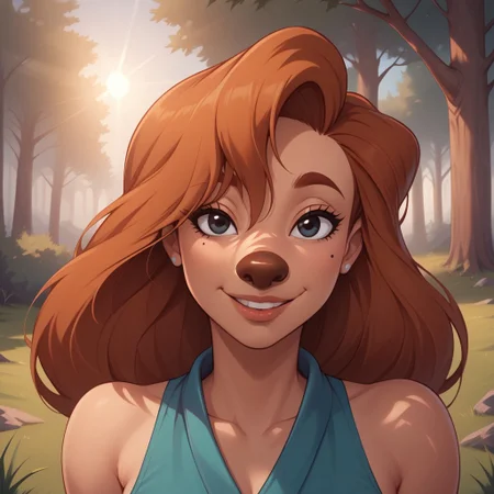 score_9, score_8, BREAK, Roxanne, goof troops, tan skin, brown nose, long wavey red hair, humanoid dog, thick red eyebrows, slim curvy figure, beauty mark, sexy pose, self portrait, smile, outdoors, sunlight, shadows, evening lighting, natural lighting, forest, trees, grass, orange sky, sunset