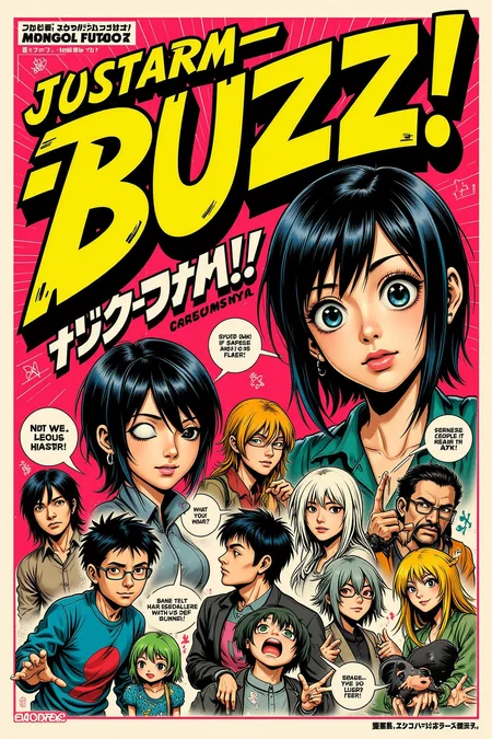 Japanese Manga style Poster with bold large fonts and graphics. Buzz Manga buzz Manga buzz Manga buzz buzz buzz