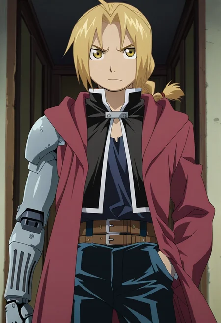 masterpiece, best quality, anime screencap, official style, anime coloring, 1boy, solo, male focus, <lora:edward_elric_ilxl:0.9>, edward_elric, blonde hair, yellow eyes, single braid, braided ponytail, single mechanical arm, aged up, coat, cowboy shot, looking at viewer,