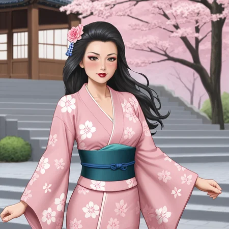 <lora:PhantomLady_pony_v1:.8>PhantomLadyCostume, 1girl,  medium breasts, black hair,  lipstick, makeup, long hair,  cowboy shot,, japanese clothes, kimono, hair ornament, blush, hair flower, pink kimono, sash, obi, floral print, wide sleeves